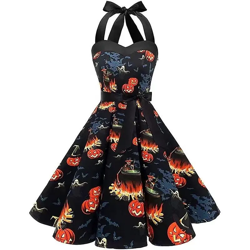 Nueva Calabaza de Halloween Calavera Halter Cuello Tubo Top Vestido Retro Swing Falda