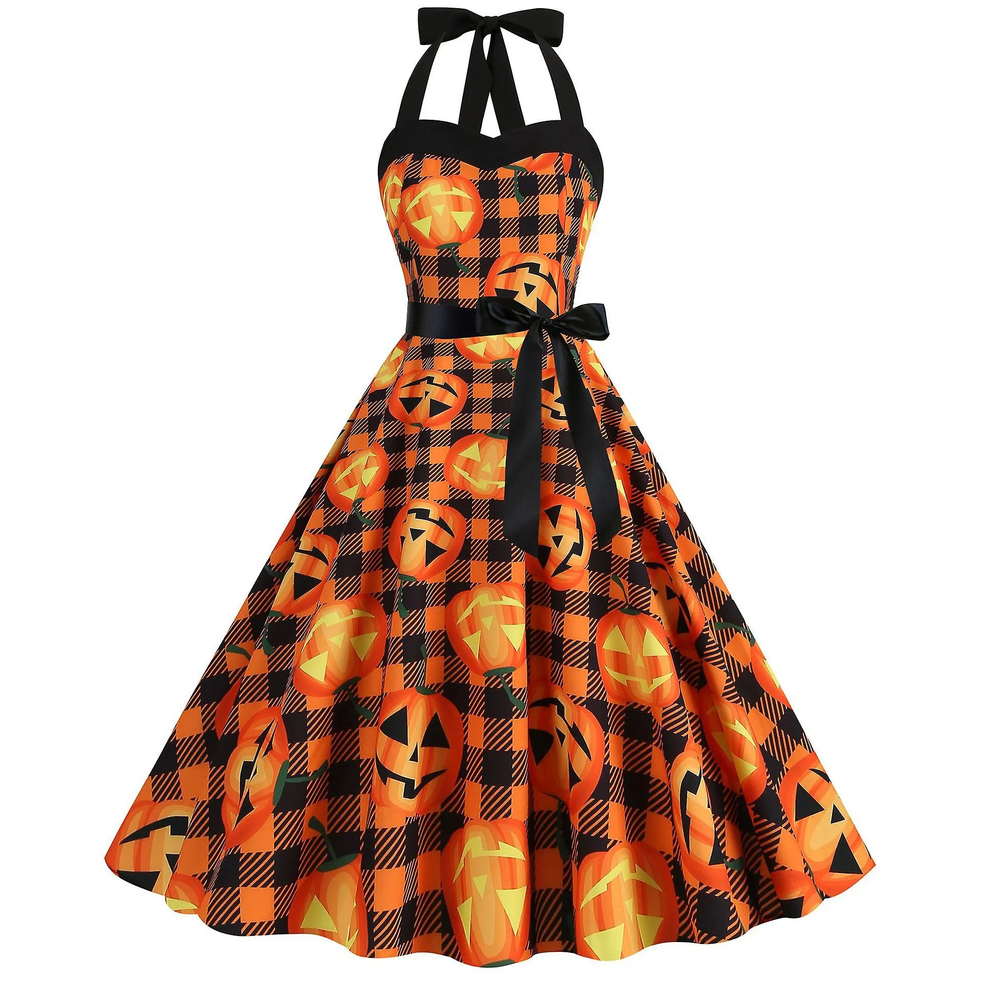 Nueva Calabaza de Halloween Calavera Halter Cuello Tubo Top Vestido Retro Swing Falda