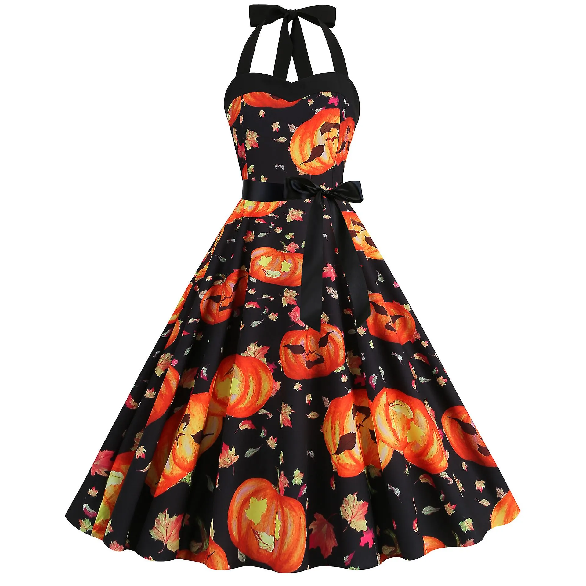 Nueva Calabaza de Halloween Calavera Halter Cuello Tubo Top Vestido Retro Swing Falda