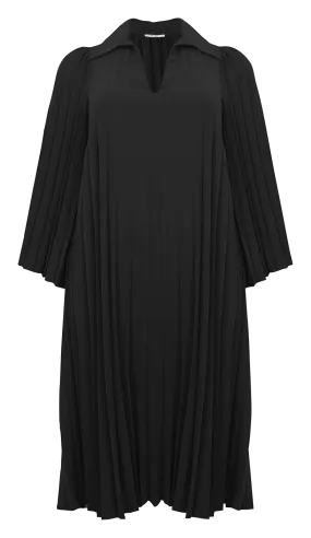 Vestido midi plisado con cuello clásico en negro